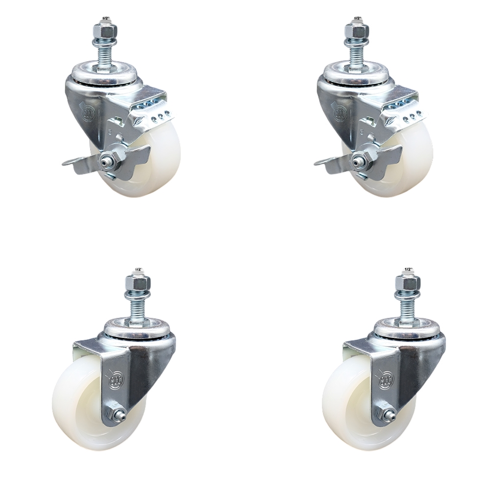 Stainless Steel Nylon Swivel Threaded Stem Caster Set of 4 w/3" x 1.25" White Wheels and 1/2" Stems - Includes 2 with Top Locking Brake - 1200 lbs Total Capacity - Service Caster Brand — photo 1