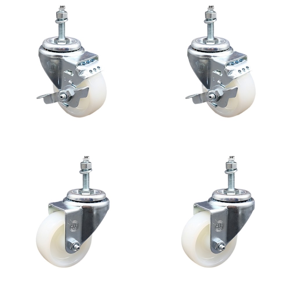 Stainless Steel Nylon Swivel Threaded Stem Caster Set of 4 w/3" x 1.25" White Wheels and 3/8" Stems - Includes 2 with Top Locking Brake - 1200 lbs Total Capacity - Service Caster Brand — photo 1