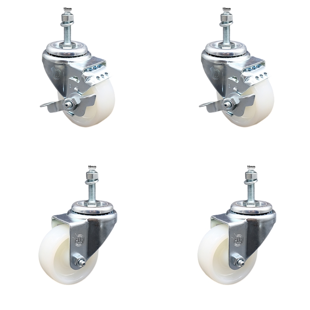 Stainless Steel Nylon Swivel Threaded Stem Caster Set of 4 w/3" x 1.25" White Wheels and 10MM Metric Stems - Includes 2 with Top Locking Brake - 1200 lbs Total Capacity - Service Caster Brand — photo 1