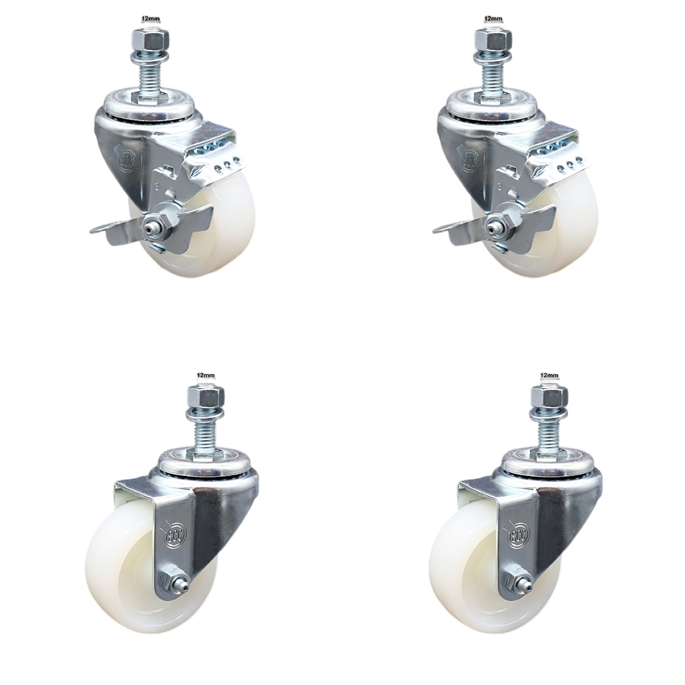 Stainless Steel Nylon Swivel Threaded Stem Caster Set of 4 w/3" x 1.25" White Wheels and 12MM Metric Stems - Includes 2 with Top Locking Brake - 1200 lbs Total Capacity - Service Caster Brand — photo 1
