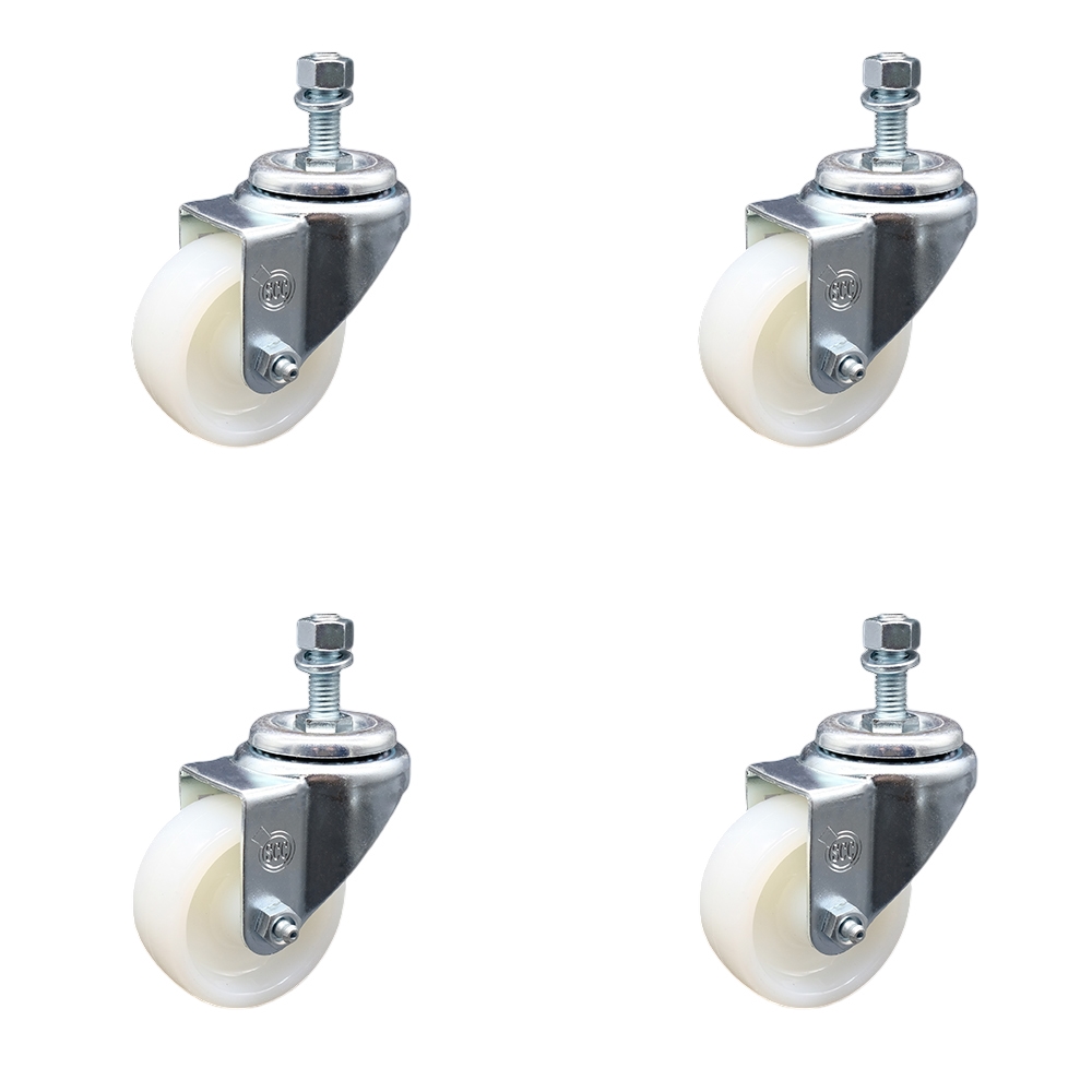 Stainless Steel Nylon Swivel Threaded Stem Caster Set of 4 w/3" x 1.25" White Wheels and 12mm Stems - Includes 4 Swivel - 1200 lbs Total Capacity - Service Caster Brand — photo 1