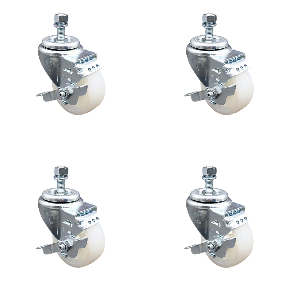 Stainless Steel Nylon Swivel Threaded Stem Caster Set of 4 w/3" x 1.25" White Wheels and 3/8" Stems - Includes 4 with Top Lock Brakes - 1200 lbs Total Capacity - Service Caster Brand — photo 1