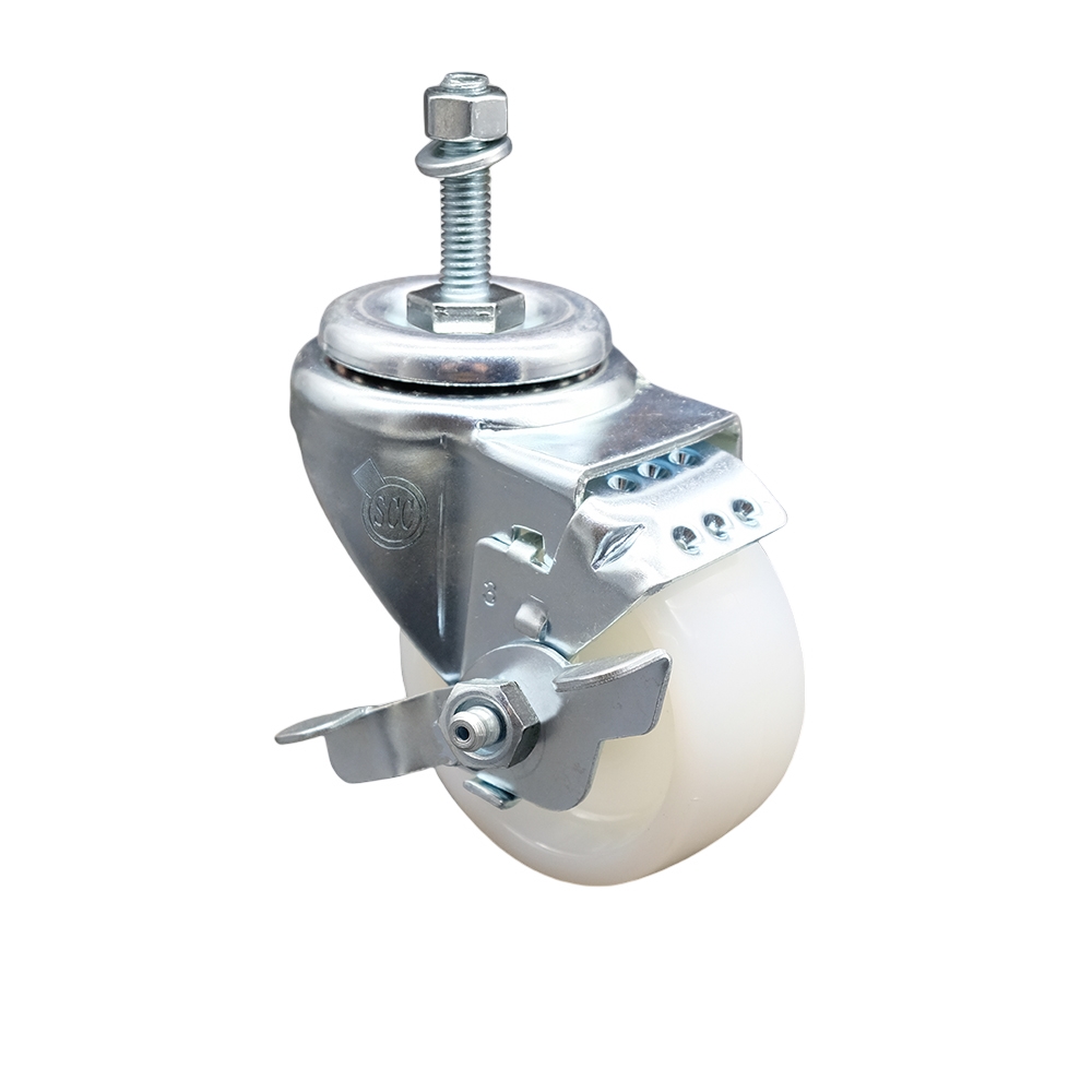 Stainless Steel Nylon Swivel Threaded Stem Caster w/3" x 1.25" White Wheel and 3/8" Stem & Top Locking Brake - 300 lbs Capacity/Caster - Service Caster Brand — photo 1