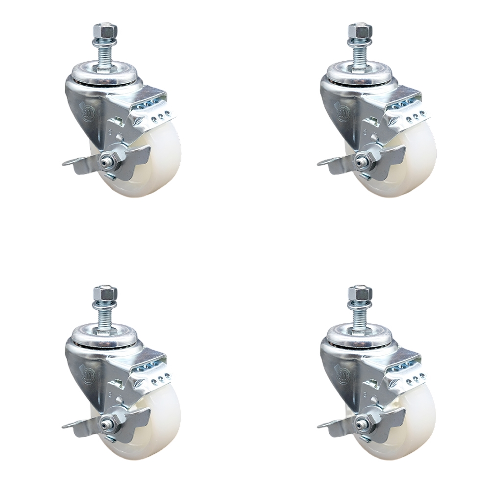 Stainless Steel Nylon Swivel Threaded Stem Caster Set of 4 w/3" x 1.25" White Wheels and 10mm Stems - Includes 4 with Top Lock Brakes - 1200 lbs Total Capacity - Service Caster Brand — photo 1