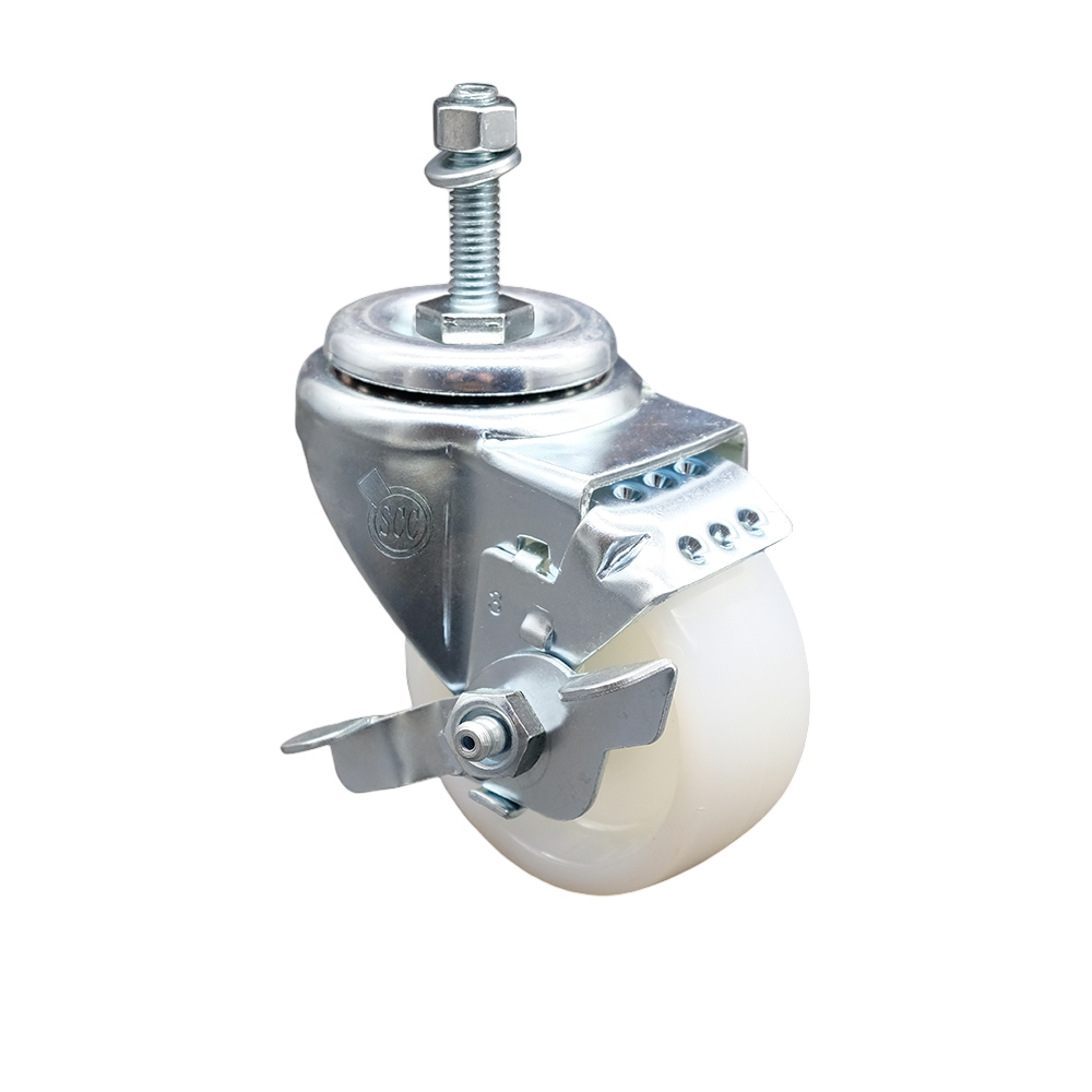 Stainless Steel Nylon Swivel Threaded Stem Caster w/3" x 1.25" White Wheel and 10MM Metric Stem & Top Locking Brake - 300 lbs Capacity/Caster - Service Caster Brand — photo 1