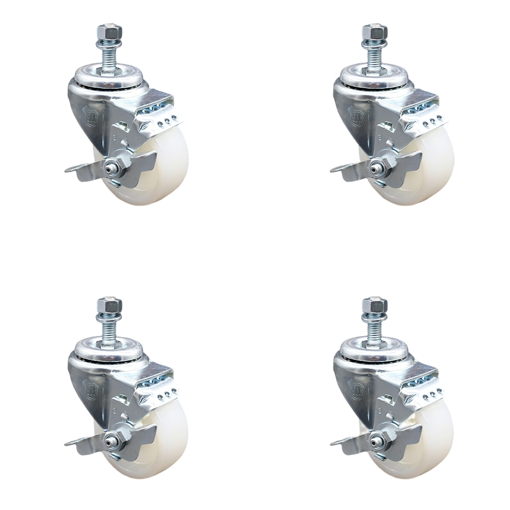 Stainless Steel Nylon Swivel Threaded Stem Caster Set of 4 w/3" x 1.25" White Wheels and 12mm Stems - Includes 4 with Top Lock Brakes - 1200 lbs Total Capacity - Service Caster Brand — photo 1