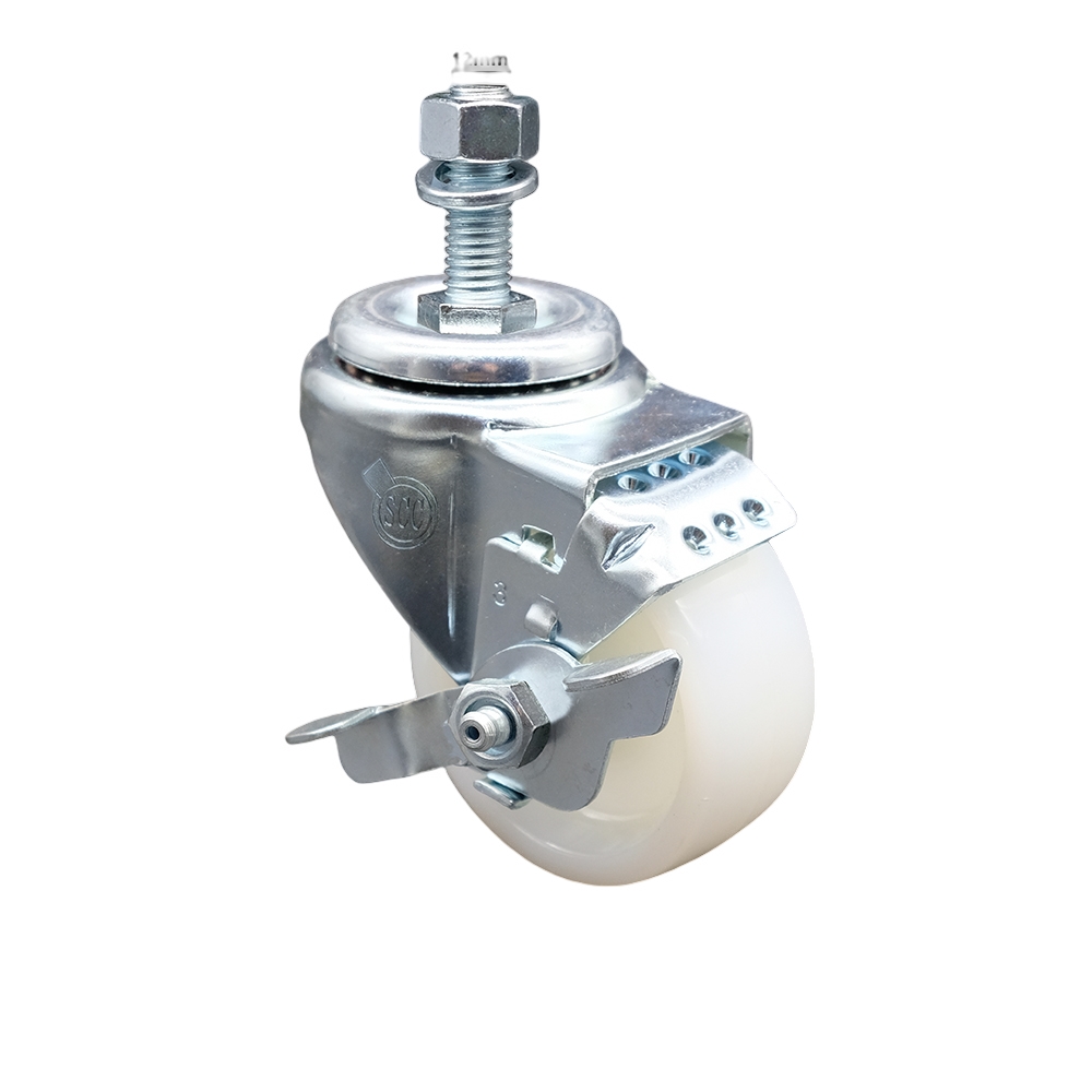 Stainless Steel Nylon Swivel Threaded Stem Caster w/3" x 1.25" White Wheel and 12MM Metric Stem & Top Locking Brake - 300 lbs Capacity/Caster - Service Caster Brand — photo 1