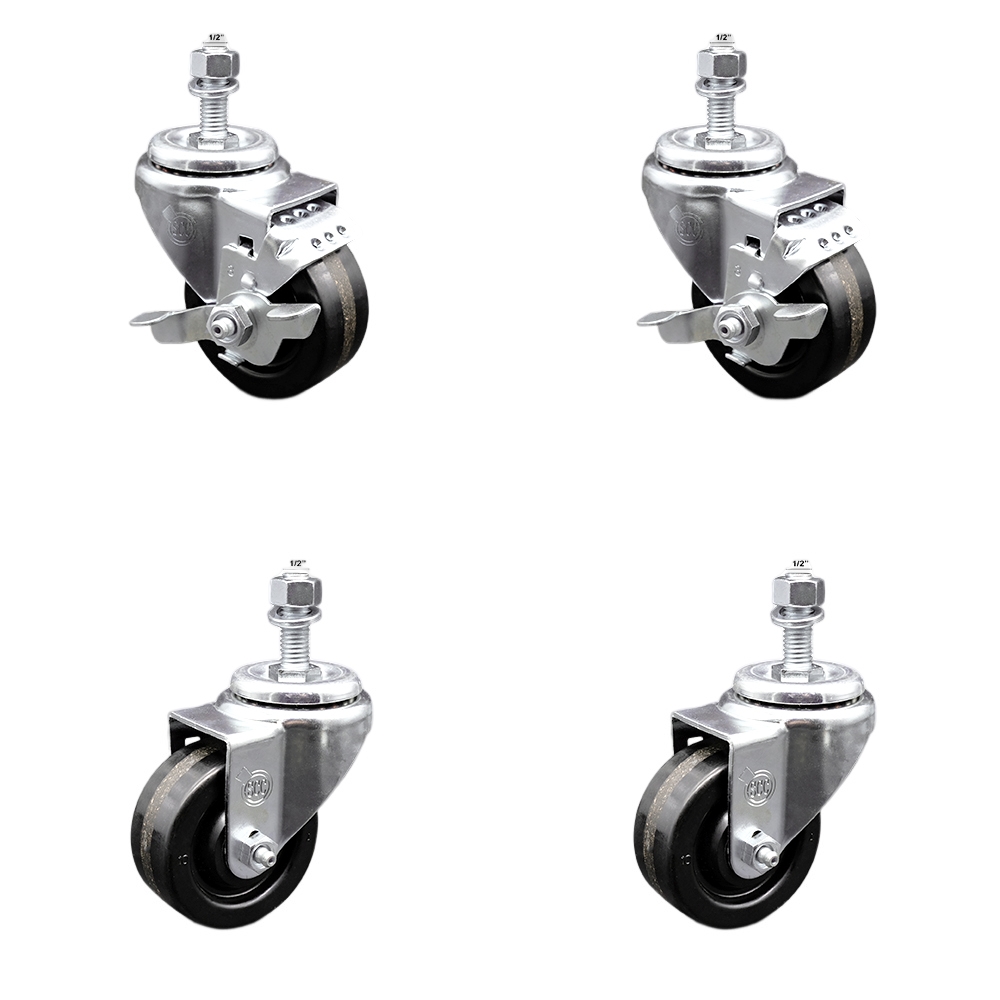 Stainless Steel Phenolic Swivel Threaded Stem Caster Set of 4 w/3" x 1.25" Black Wheels and 1/2" Stems - Includes 2 with Top Locking Brake - 1200 lbs Total Capacity - Service Caster Brand — photo 1