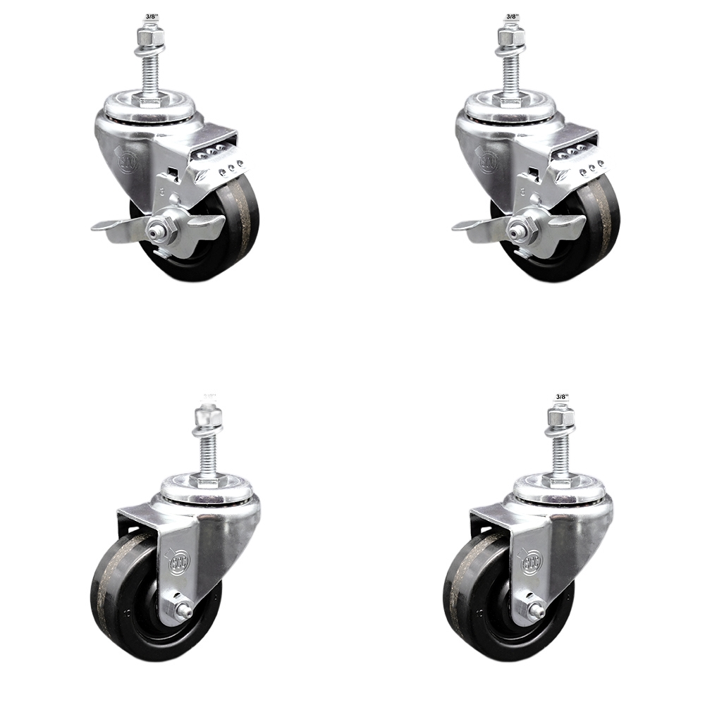 Stainless Steel Phenolic Swivel Threaded Stem Caster Set of 4 w/3" x 1.25" Black Wheels and 3/8" Stems - Includes 2 with Top Locking Brake - 1200 lbs Total Capacity - Service Caster Brand — photo 1