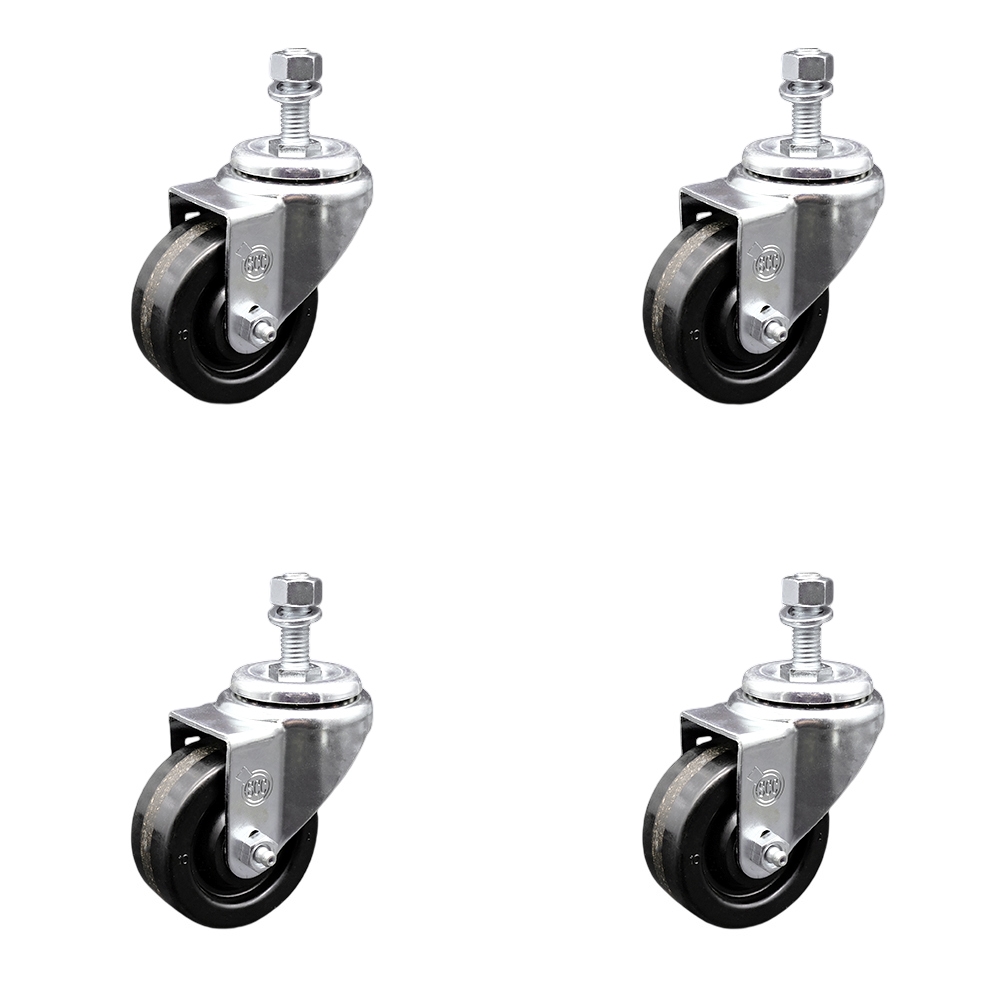 Stainless Steel Phenolic Swivel Threaded Stem Caster Set of 4 w/3" x 1.25" Black Wheels and 3/8" Stems - Includes 4 Swivel - 1200 lbs Total Capacity - Service Caster Brand — photo 1