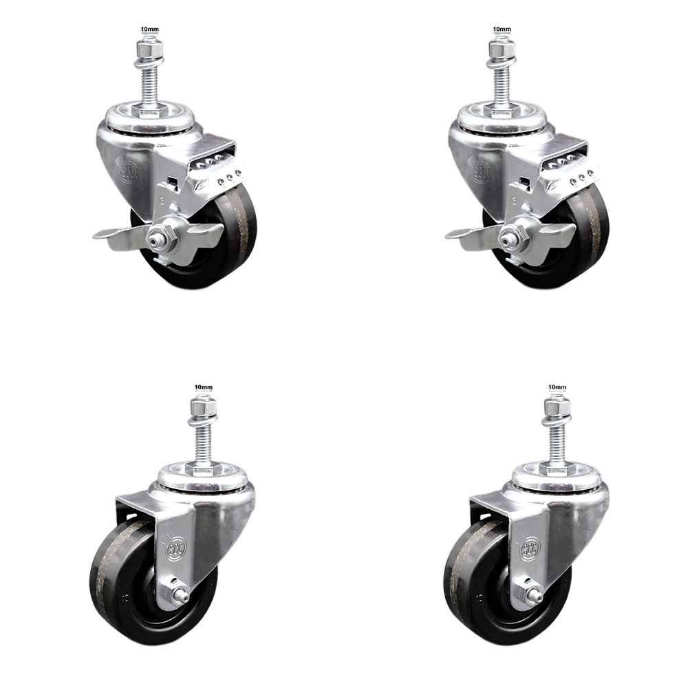 Stainless Steel Phenolic Swivel Threaded Stem Caster Set of 4 w/3" x 1.25" Black Wheels and 10MM Metric Stems - Includes 2 with Top Locking Brake - 1200 lbs Total Capacity - Service Caster Brand — photo 1
