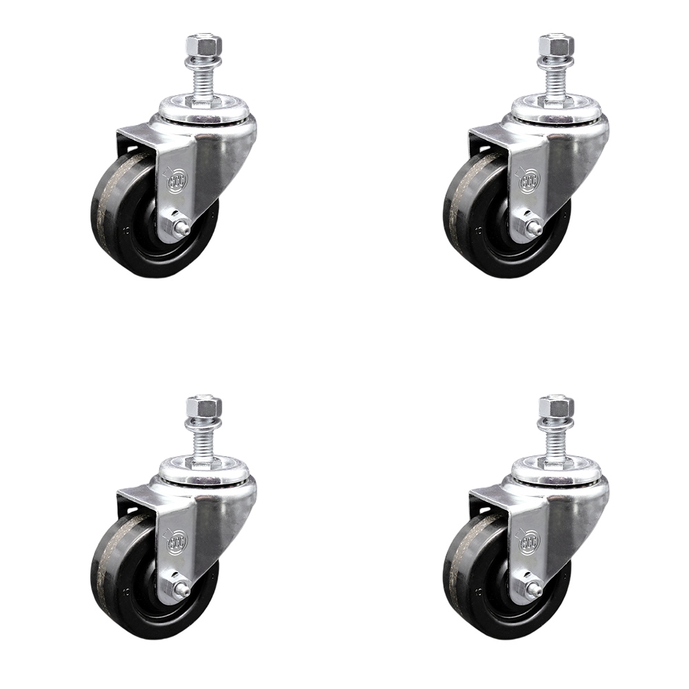 Stainless Steel Phenolic Swivel Threaded Stem Caster Set of 4 w/3" x 1.25" Black Wheels and 10mm Stems - Includes 4 Swivel - 1200 lbs Total Capacity - Service Caster Brand — photo 1