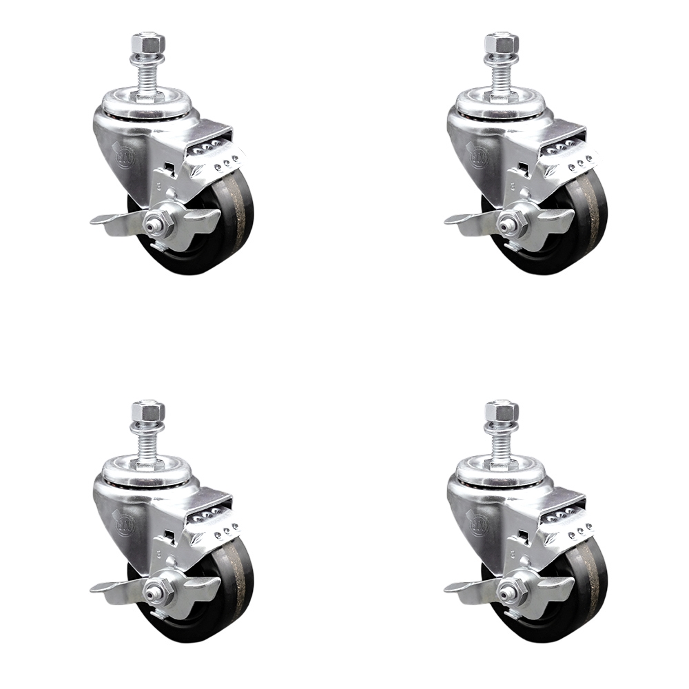 Stainless Steel Phenolic Swivel Threaded Stem Caster Set of 4 w/3" x 1.25" Black Wheels and 10mm Stems - Includes 4 with Top Lock Brakes - 1200 lbs Total Capacity - Service Caster Brand — photo 1