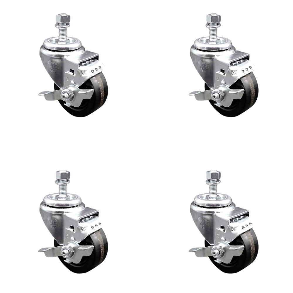 Stainless Steel Phenolic Swivel Threaded Stem Caster Set of 4 w/3" x 1.25" Black Wheels and 12mm Stems - Includes 4 with Top Lock Brakes - 1200 lbs Total Capacity - Service Caster Brand — photo 1