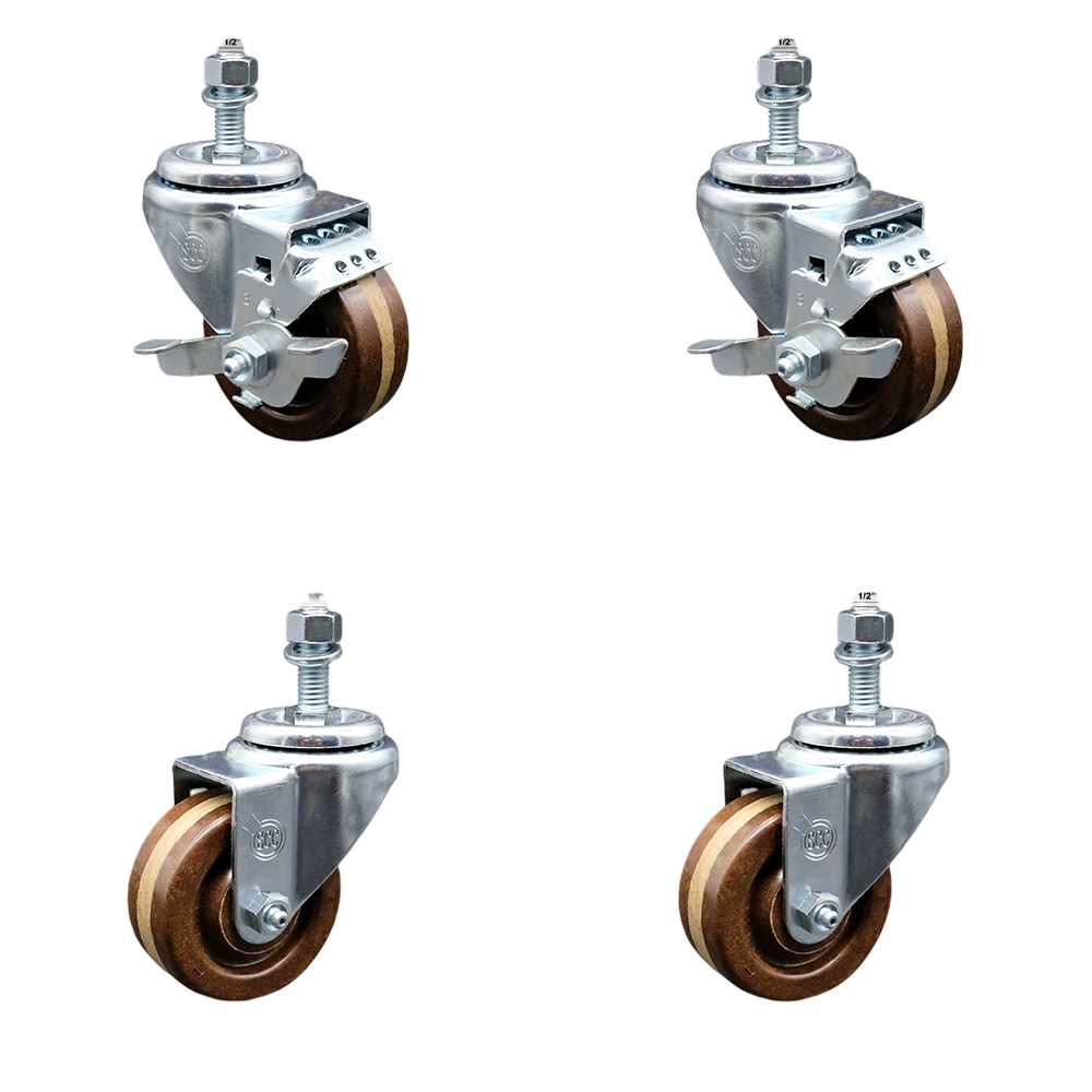 Stainless Steel High Temp Phenolic Swivel Threaded Stem Caster Set 4 w/3" x 1.25" Brown Wheels and 1/2" Stems-Includes 2 with Top Locking Brake-1200 lbs Total Capacity-Service Caster Brand — photo 1