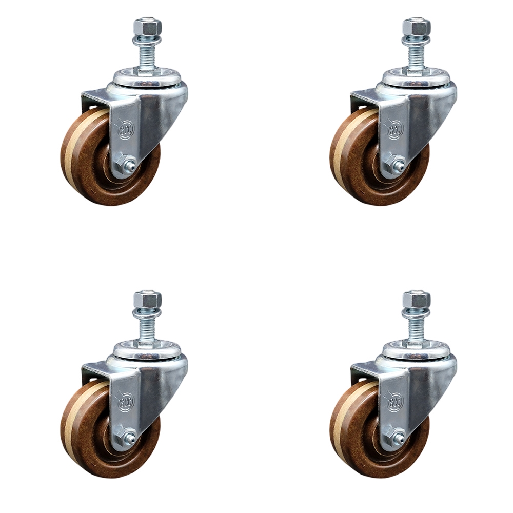 Stainless Steel High Temperature Phenolic Swivel Threaded Stem Caster Set of 4 w/3" x 1.25" Brown Wheels and 12mm Stems - Includes 4 Swivel - 1200 lbs Total Capacity - Service Caster Brand — photo 1