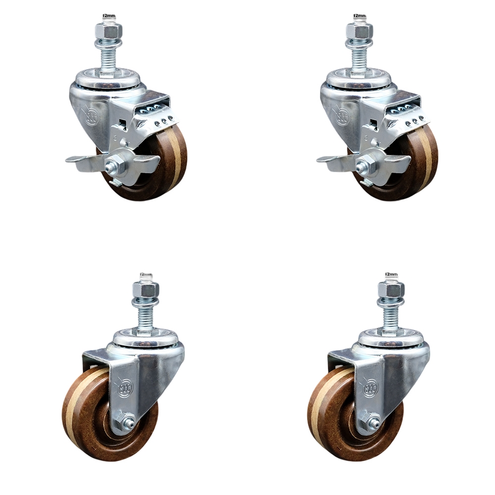 Stainless Steel High Temp Phenolic Swivel Threaded Stem Caster Set 4 w/3" x 1.25" Brown Wheels & 12MM Metric Stems-Includes 2 w/Top Locking Brake-1200 lbs Total Capacity-Service Caster Brand — photo 1