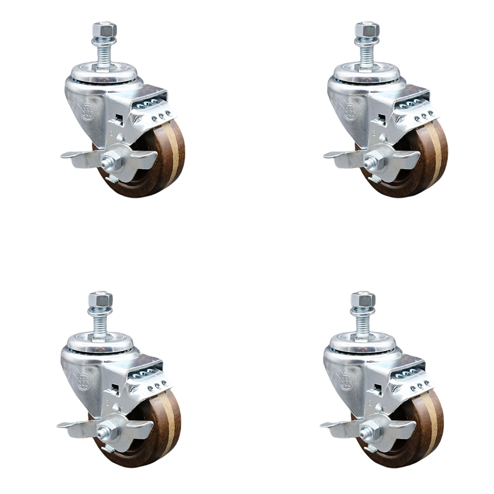 Stainless Steel High Temperature Phenolic Swivel Threaded Stem Caster Set of 4 w/3" x 1.25" Brown Wheels and 1/2" Stems - Includes 4 with Top Lock Brakes - 1200 lbs Total Capacity-Service Caster Brand — photo 1