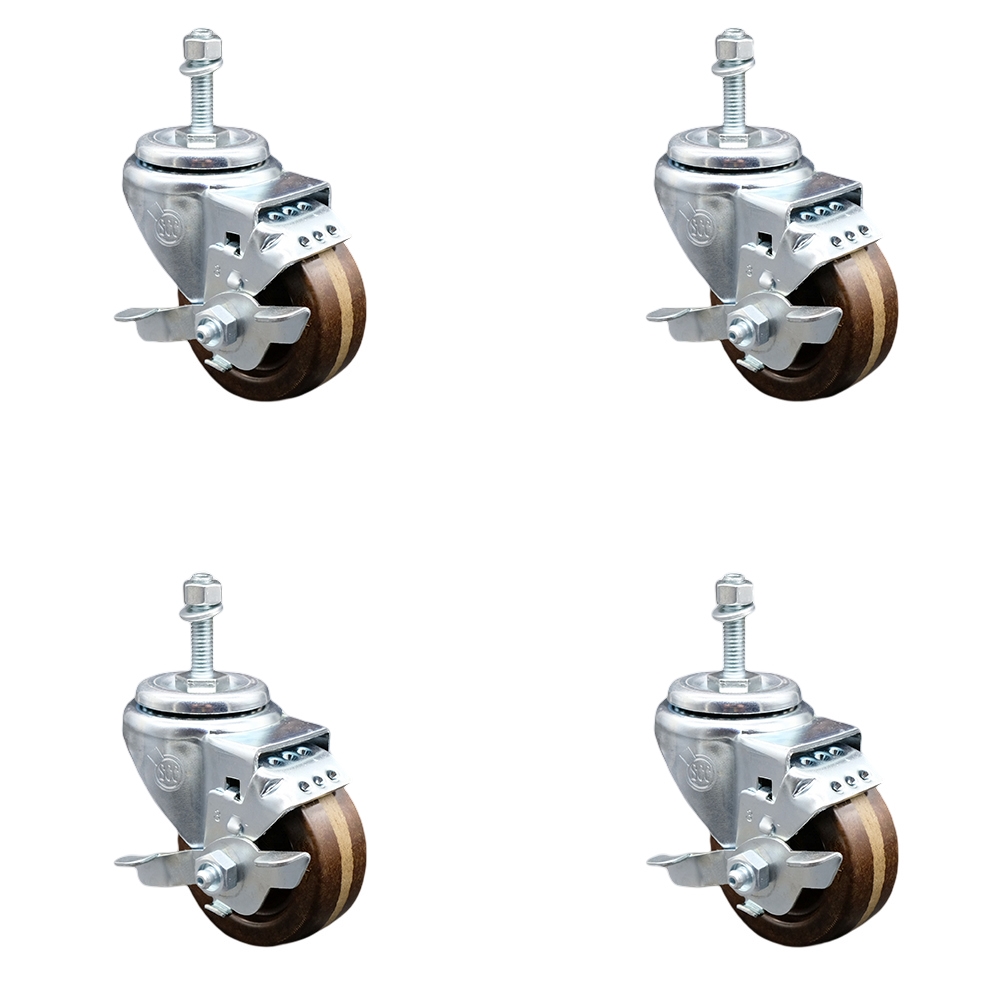Stainless Steel High Temperature Phenolic Swivel Threaded Stem Caster Set of 4 w/3" x 1.25" Brown Wheels and 3/8" Stems - Includes 4 with Top Lock Brakes - 1200 lbs Total Capacity-Service Caster Brand — photo 1