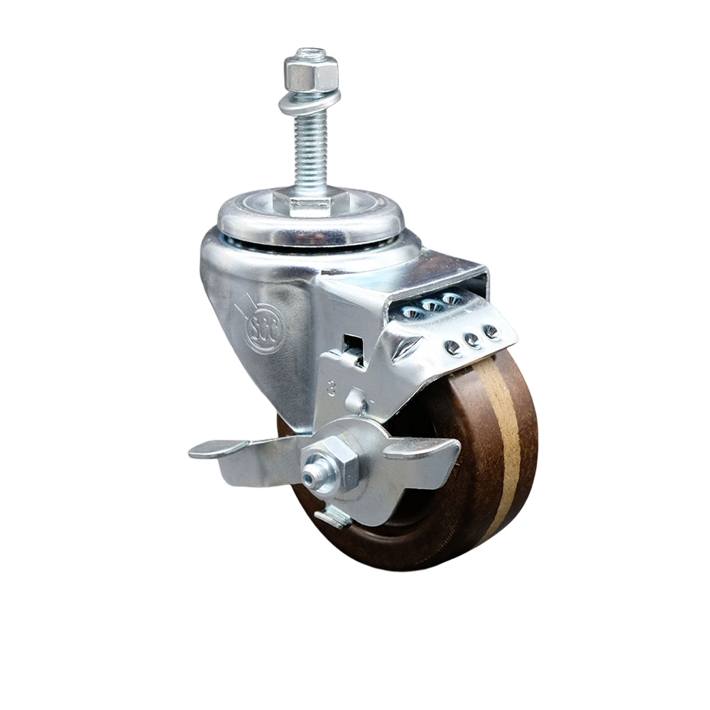 Stainless Steel High Temp Phenolic Swivel Threaded Stem Caster w/3" x 1.25" Brown Wheel and 10MM Metric Stem & Top Locking Brake - 300 lbs Capacity/Caster - Service Caster Brand — photo 1