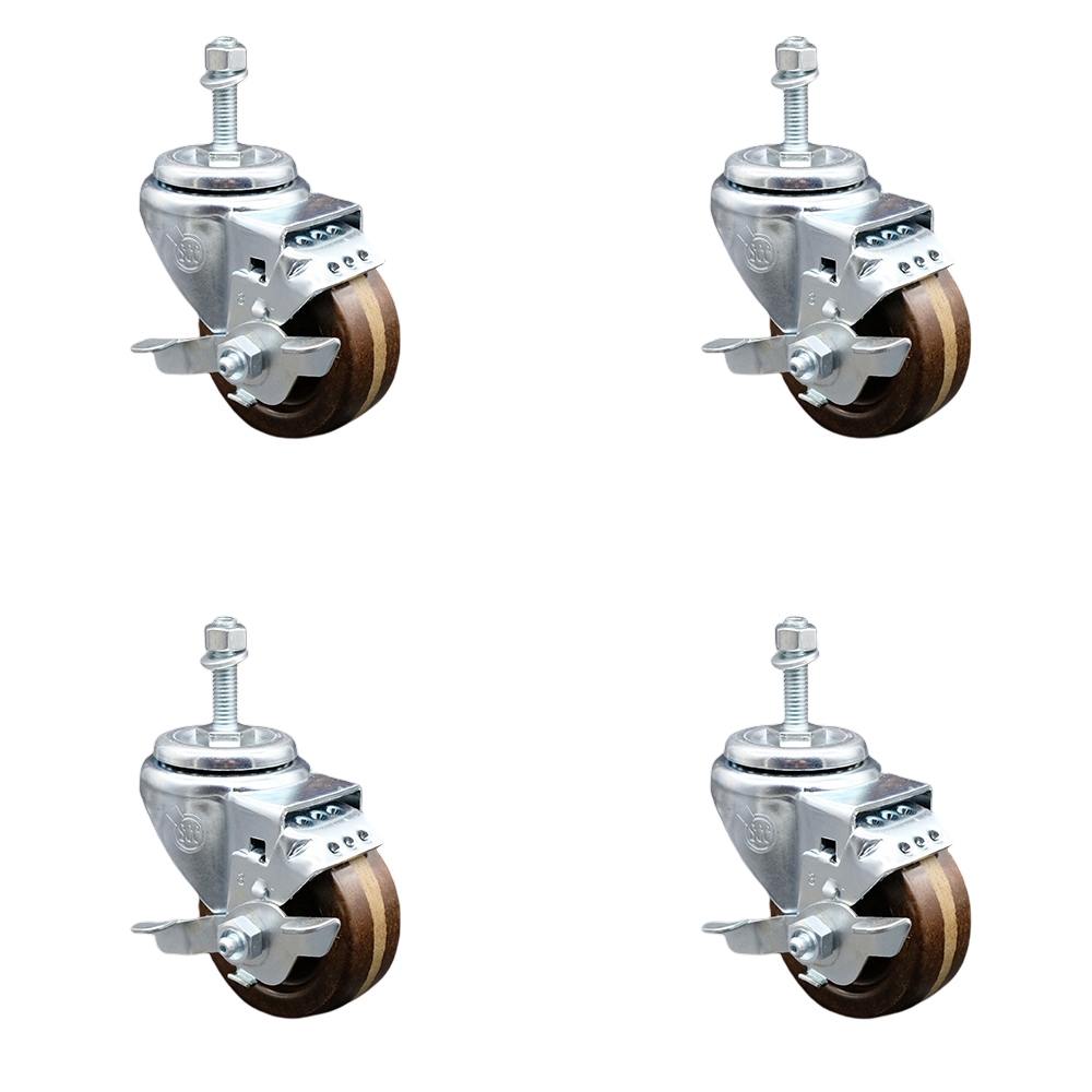 Stainless Steel High Temperature Phenolic Swivel Threaded Stem Caster Set of 4 w/3" x 1.25" Brown Wheels and 10mm Stems - Includes 4 with Top Lock Brakes - 1200 lbs Total Capacity-Service Caster Brand — photo 1