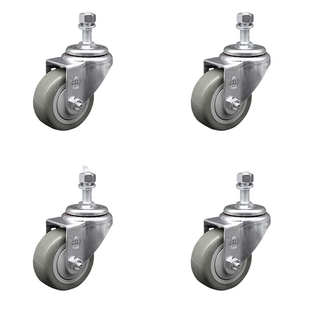 Stainless Steel Polyurethane Swivel Threaded Stem Caster Set of 4 w/3" x 1.25" Gray Wheels and 1/2" Stems - Includes 4 Swivel - 1200 lbs Total Capacity - Service Caster Brand — photo 1