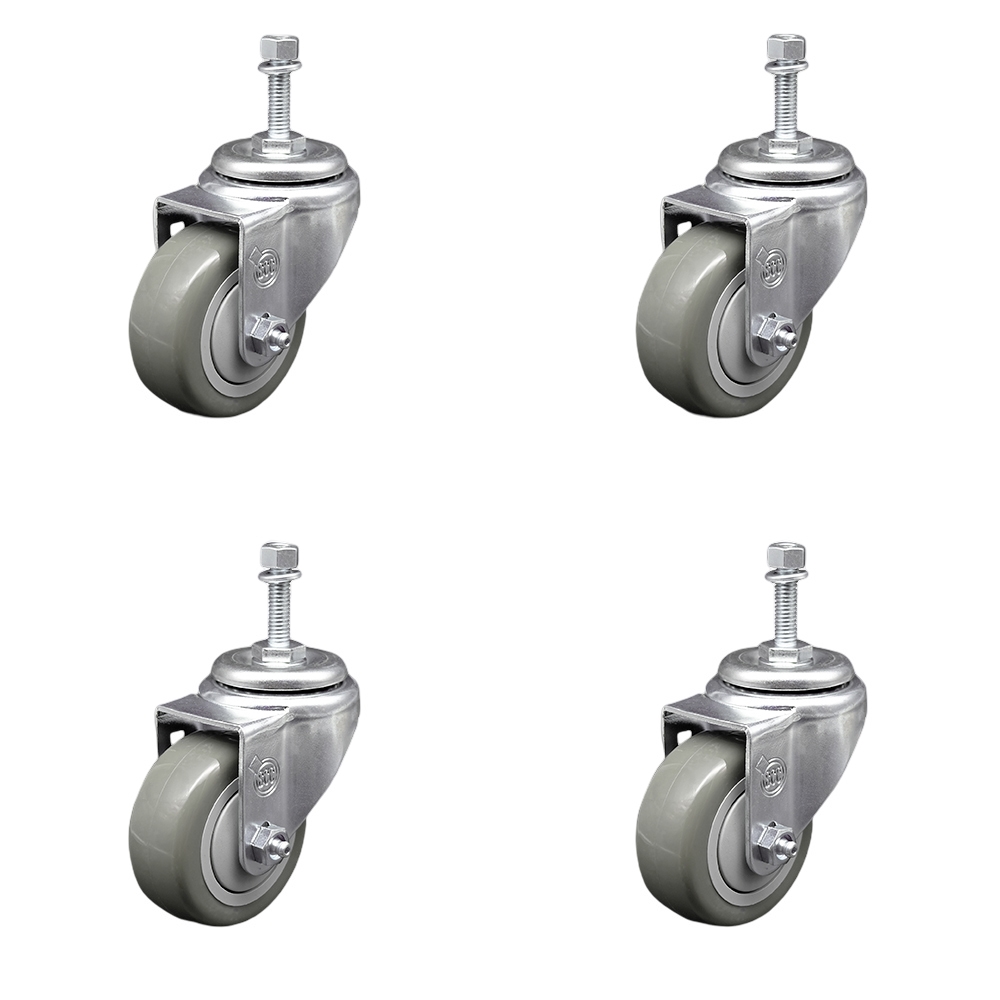 Stainless Steel Polyurethane Swivel Threaded Stem Caster Set of 4 w/3" x 1.25" Gray Wheels and 3/8" Stems - Includes 4 Swivel - 1200 lbs Total Capacity - Service Caster Brand — photo 1