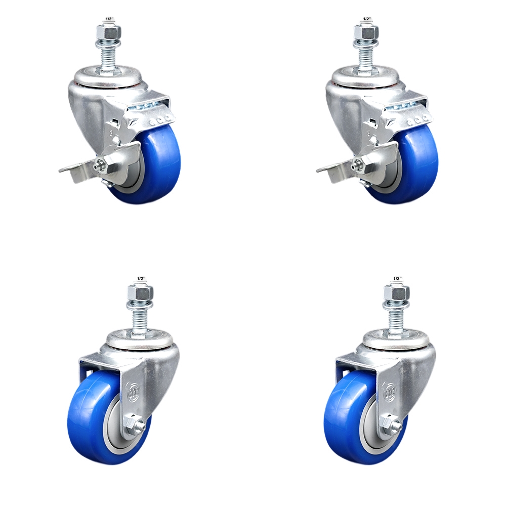 Stainless Steel Polyurethane Swivel Threaded Stem Caster Set of 4 w/3" x 1.25" Blue Wheels and 1/2" Stems - Includes 2 with Top Locking Brake - 1200 lbs Total Capacity - Service Caster Brand — photo 1