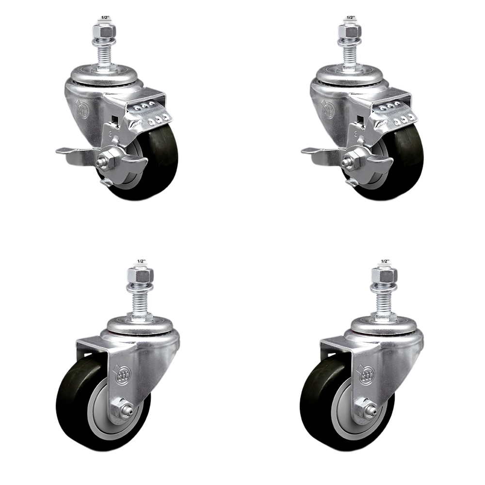 Stainless Steel Polyurethane Swivel Threaded Stem Caster Set of 4 w/3" x 1.25" Black Wheels and 1/2" Stems - Includes 2 with Top Locking Brake - 1200 lbs Total Capacity - Service Caster Brand — photo 1