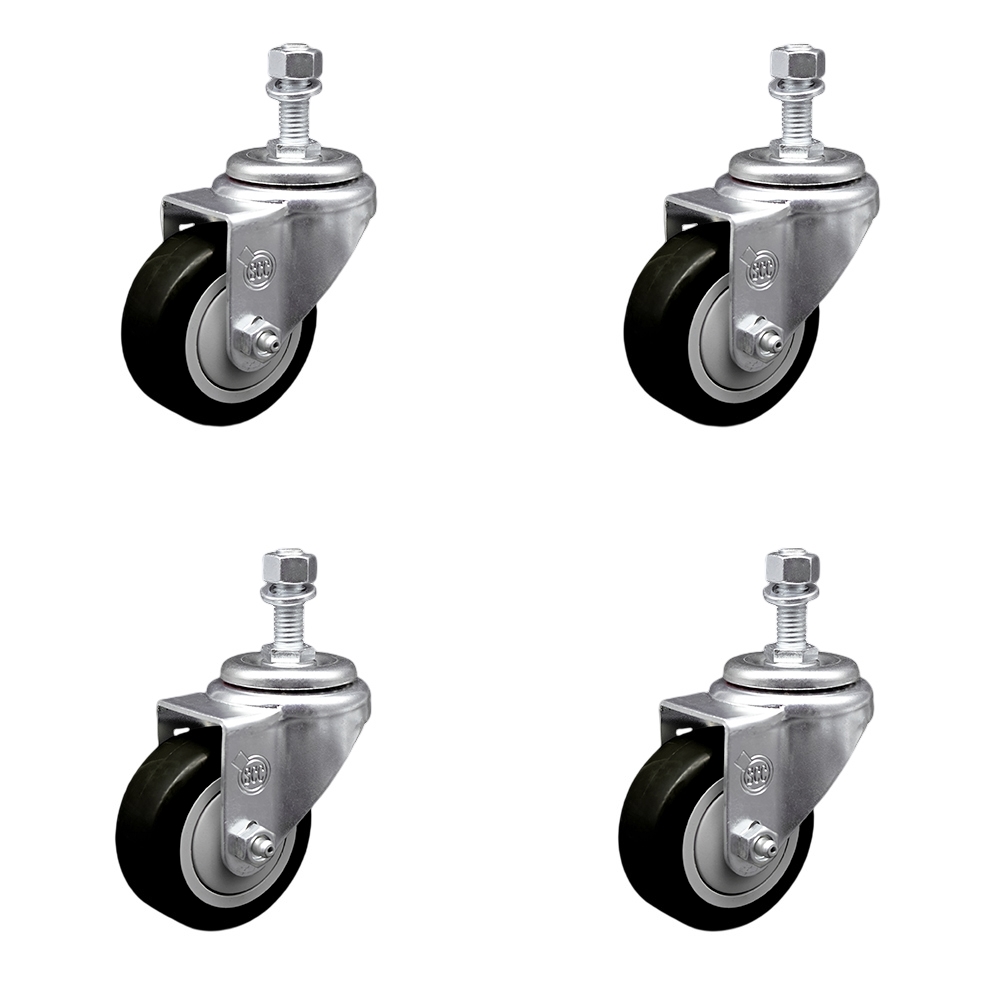Stainless Steel Polyurethane Swivel Threaded Stem Caster Set of 4 w/3" x 1.25" Black Wheels and 1/2" Stems - Includes 4 Swivel - 1200 lbs Total Capacity - Service Caster Brand — photo 1