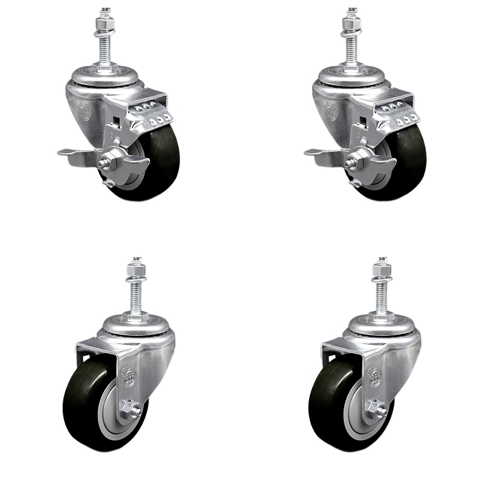 Stainless Steel Polyurethane Swivel Threaded Stem Caster Set of 4 w/3" x 1.25" Black Wheels and 3/8" Stems - Includes 2 with Top Locking Brake - 1200 lbs Total Capacity - Service Caster Brand — photo 1