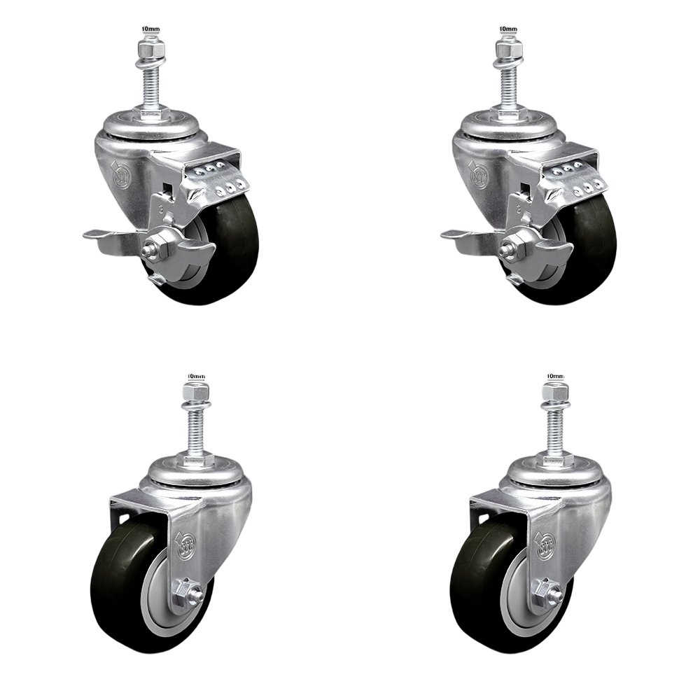 Stainless Steel Polyurethane Swivel Threaded Stem Caster Set of 4 w/3" x 1.25" Black Wheels and 10mm Stems - Includes 2 with Top Locking Brake - 1200 lbs Total Capacity - Service Caster Brand — photo 1