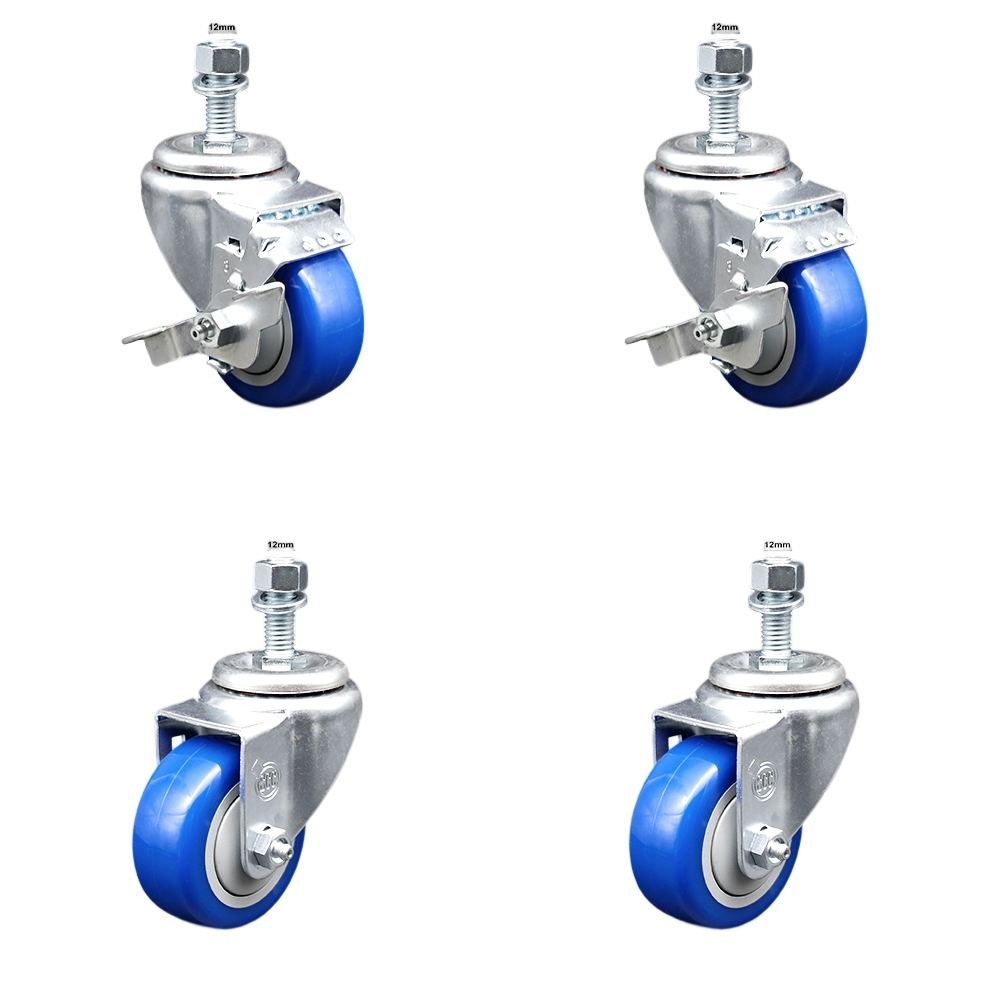 Stainless Steel Polyurethane Swivel Threaded Stem Caster Set of 4 w/3" x 1.25" Blue Wheels and 12mm Stems - Includes 2 with Top Locking Brake - 1200 lbs Total Capacity - Service Caster Brand — photo 1