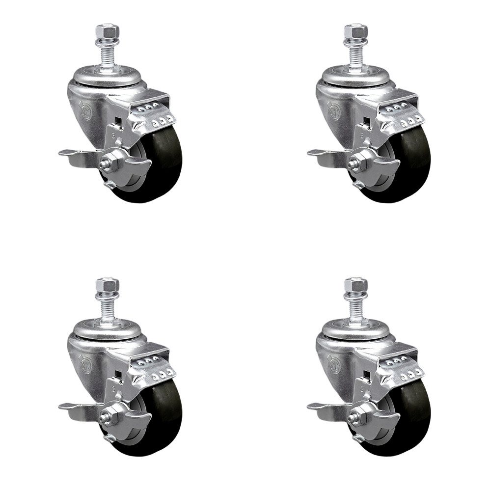 Stainless Steel Polyurethane Swivel Threaded Stem Caster Set of 4 w/3" x 1.25" Black Wheels and 1/2" Stems - Includes 4 with Top Lock Brakes - 1200 lbs Total Capacity - Service Caster Brand — photo 1