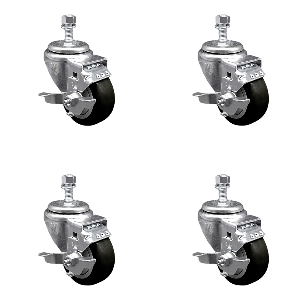 Stainless Steel Polyurethane Swivel Threaded Stem Caster Set of 4 w/3" x 1.25" Black Wheels and 12mm Stems - Includes 4 with Top Lock Brakes - 1200 lbs Total Capacity - Service Caster Brand — photo 1