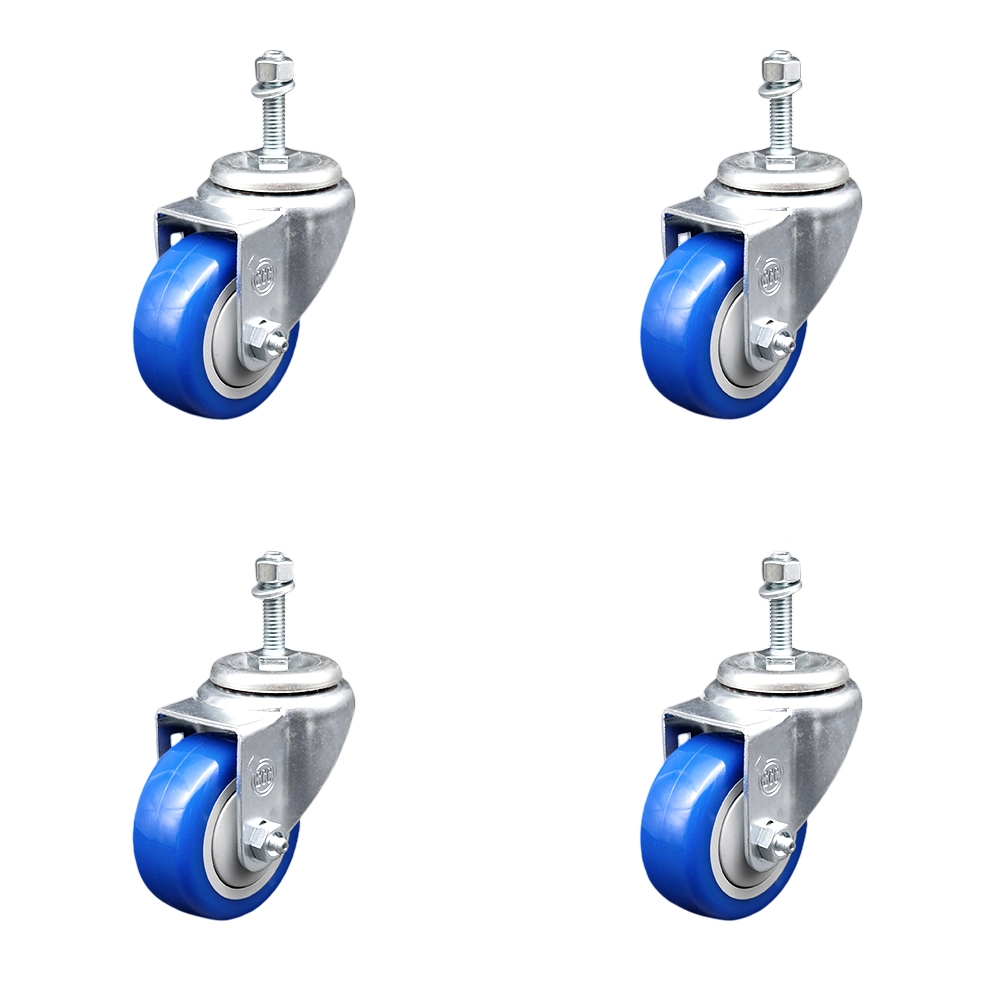 Stainless Steel Polyurethane Swivel Threaded Stem Caster Set of 4 w/3" x 1.25" Blue Wheels and 3/8" Stems - Includes 4 Swivel - 1200 lbs Total Capacity - Service Caster Brand — photo 1