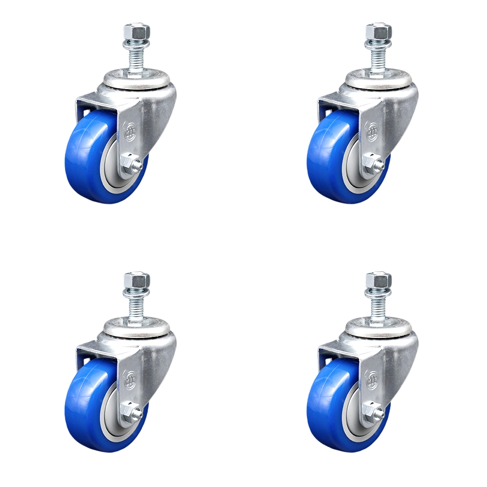 Stainless Steel Polyurethane Swivel Threaded Stem Caster Set of 4 w/3" x 1.25" Blue Wheels and 12mm Stems - Includes 4 Swivel - 1200 lbs Total Capacity - Service Caster Brand — photo 1