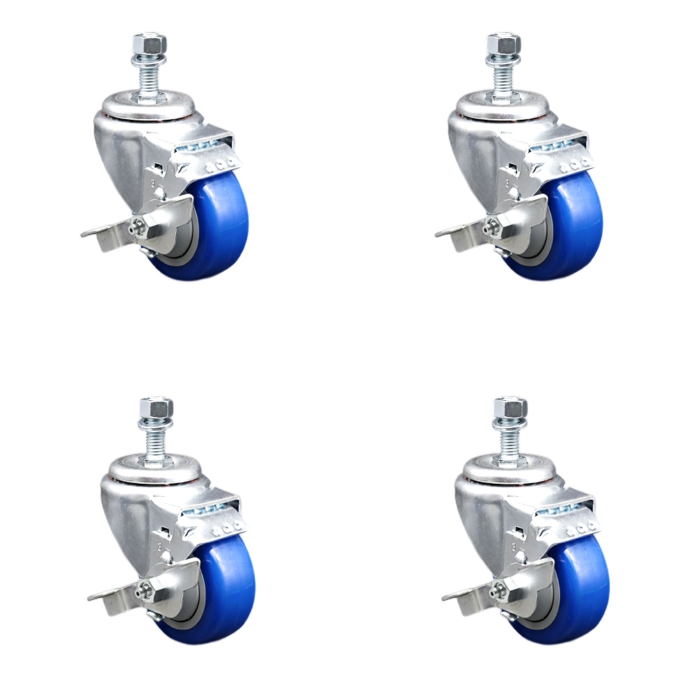 Stainless Steel Polyurethane Swivel Threaded Stem Caster Set of 4 w/3" x 1.25" Blue Wheels and 1/2" Stems - Includes 4 with Top Lock Brakes - 1200 lbs Total Capacity - Service Caster Brand — photo 1
