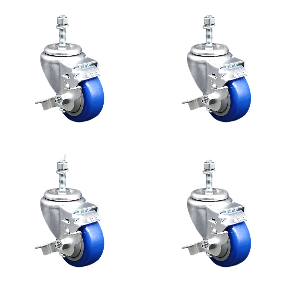Stainless Steel Polyurethane Swivel Threaded Stem Caster Set of 4 w/3" x 1.25" Blue Wheels and 10mm Stems - Includes 4 with Top Lock Brakes - 1200 lbs Total Capacity - Service Caster Brand — photo 1