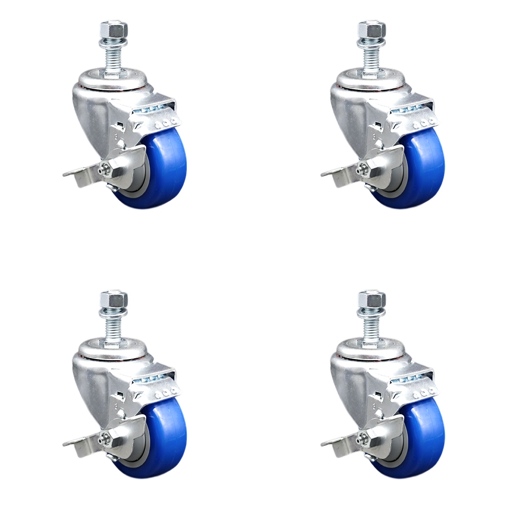 Stainless Steel Polyurethane Swivel Threaded Stem Caster Set of 4 w/3" x 1.25" Blue Wheels and 12mm Stems - Includes 4 with Top Lock Brakes - 1200 lbs Total Capacity - Service Caster Brand — photo 1