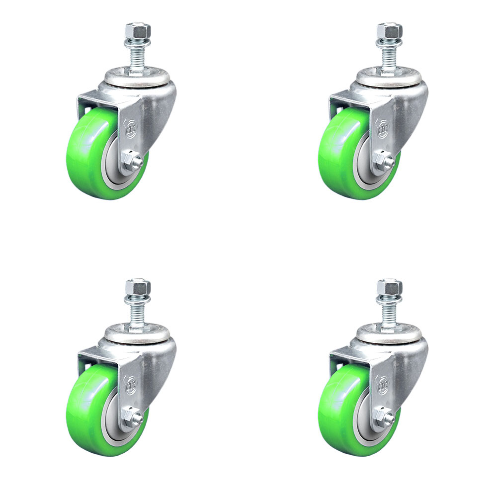 Stainless Steel Polyurethane Swivel Threaded Stem Caster Set of 4 w/3" x 1.25" Green Wheels and 1/2" Stems - Includes 4 Swivel - 1200 lbs Total Capacity - Service Caster Brand — photo 1