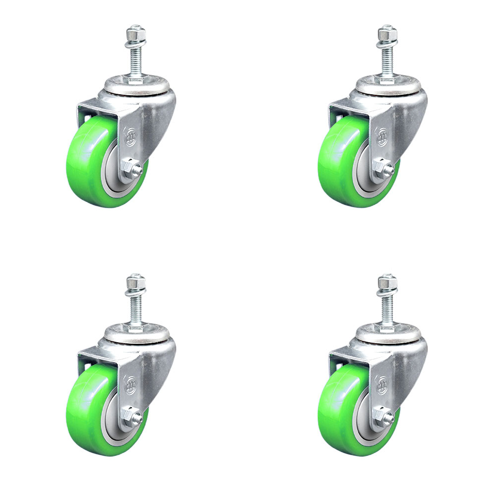 Stainless Steel Polyurethane Swivel Threaded Stem Caster Set of 4 w/3" x 1.25" Green Wheels and 3/8" Stems - Includes 4 Swivel - 1200 lbs Total Capacity - Service Caster Brand — photo 1