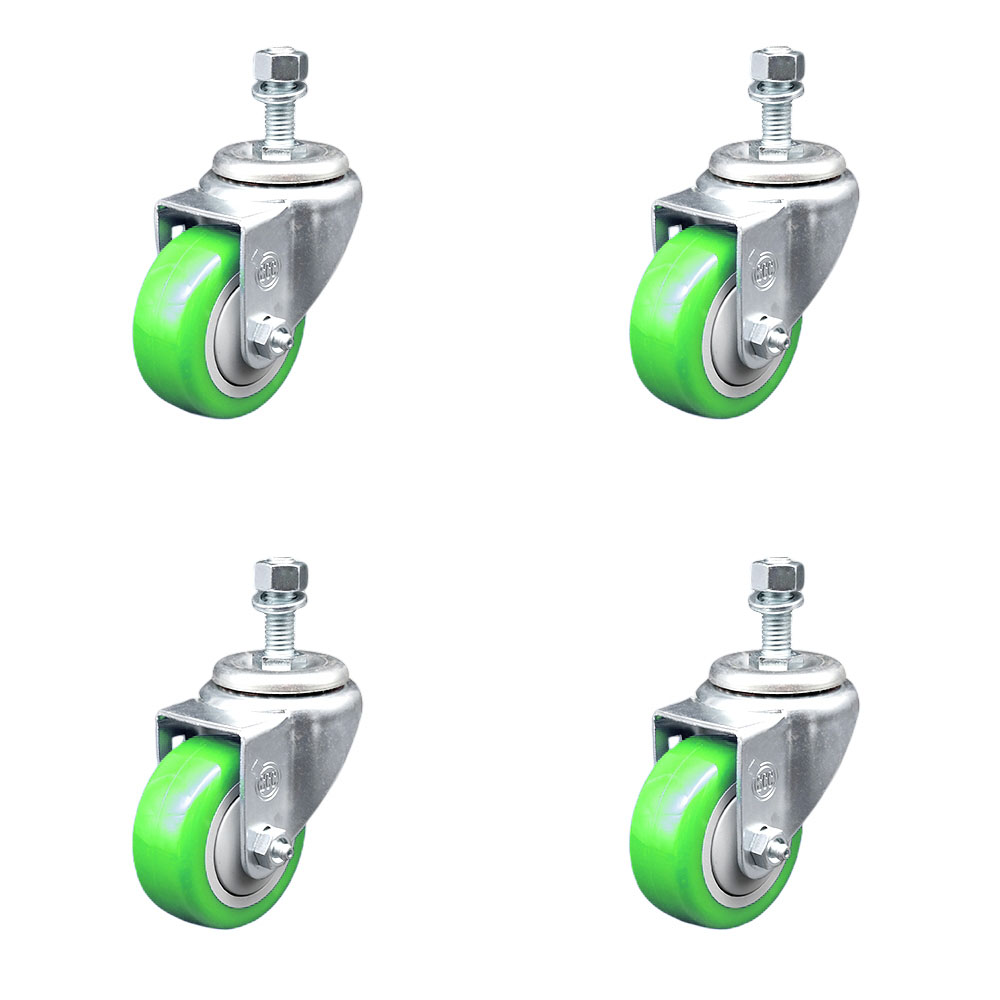 Stainless Steel Polyurethane Swivel Threaded Stem Caster Set of 4 w/3" x 1.25" Green Wheels and 12mm Stems - Includes 4 Swivel - 1200 lbs Total Capacity - Service Caster Brand — photo 1