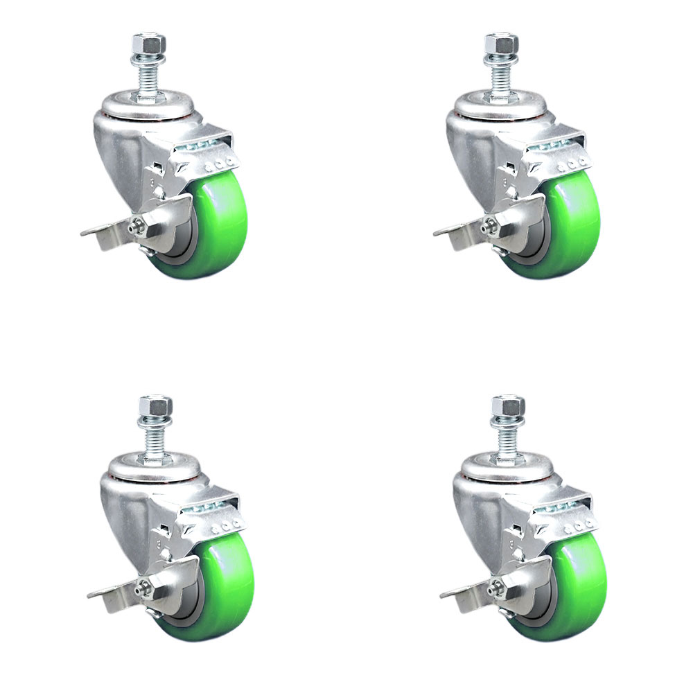 Stainless Steel Polyurethane Swivel Threaded Stem Caster Set of 4 w/3" x 1.25" Green Wheels and 1/2" Stems - Includes 4 with Top Lock Brakes - 1200 lbs Total Capacity - Service Caster Brand — photo 1
