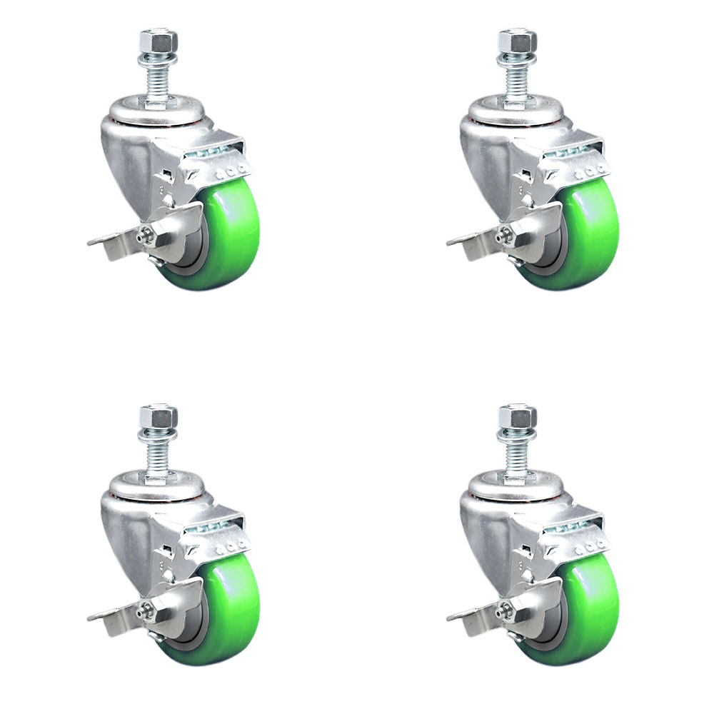 Stainless Steel Polyurethane Swivel Threaded Stem Caster Set of 4 w/3" x 1.25" Green Wheels and 12mm Stems - Includes 4 with Top Lock Brakes - 1200 lbs Total Capacity - Service Caster Brand — photo 1