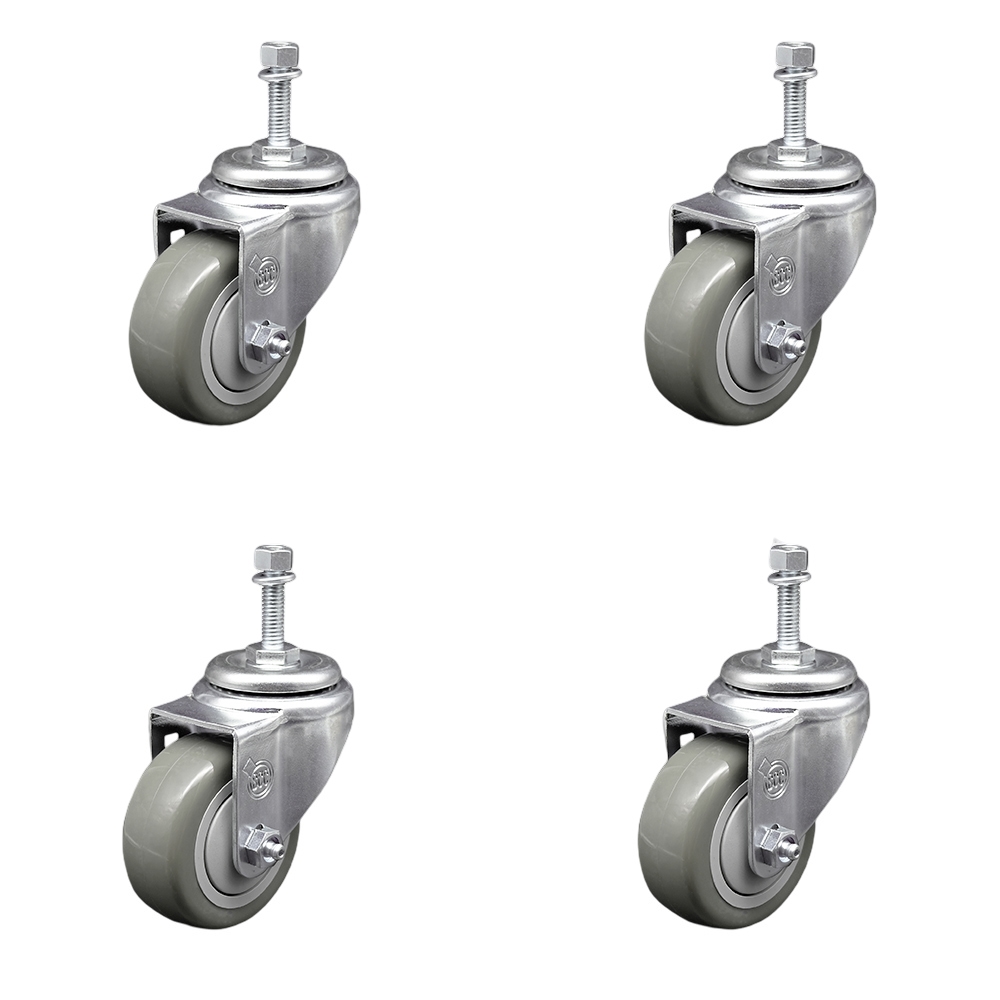 Stainless Steel Polyurethane Swivel Threaded Stem Caster Set of 4 w/3" x 1.25" Gray Wheels and 10mm Stems - Includes 4 Swivel - 1200 lbs Total Capacity - Service Caster Brand — photo 1
