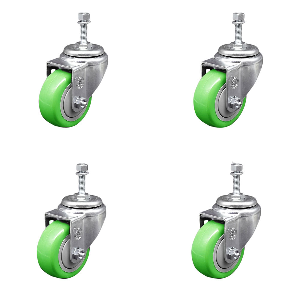 Stainless Steel Polyurethane Swivel Threaded Stem Caster Set of 4 w/3" x 1.25" Green Wheels and 10mm Stems - Includes 4 Swivel - 1200 lbs Total Capacity - Service Caster Brand — photo 1