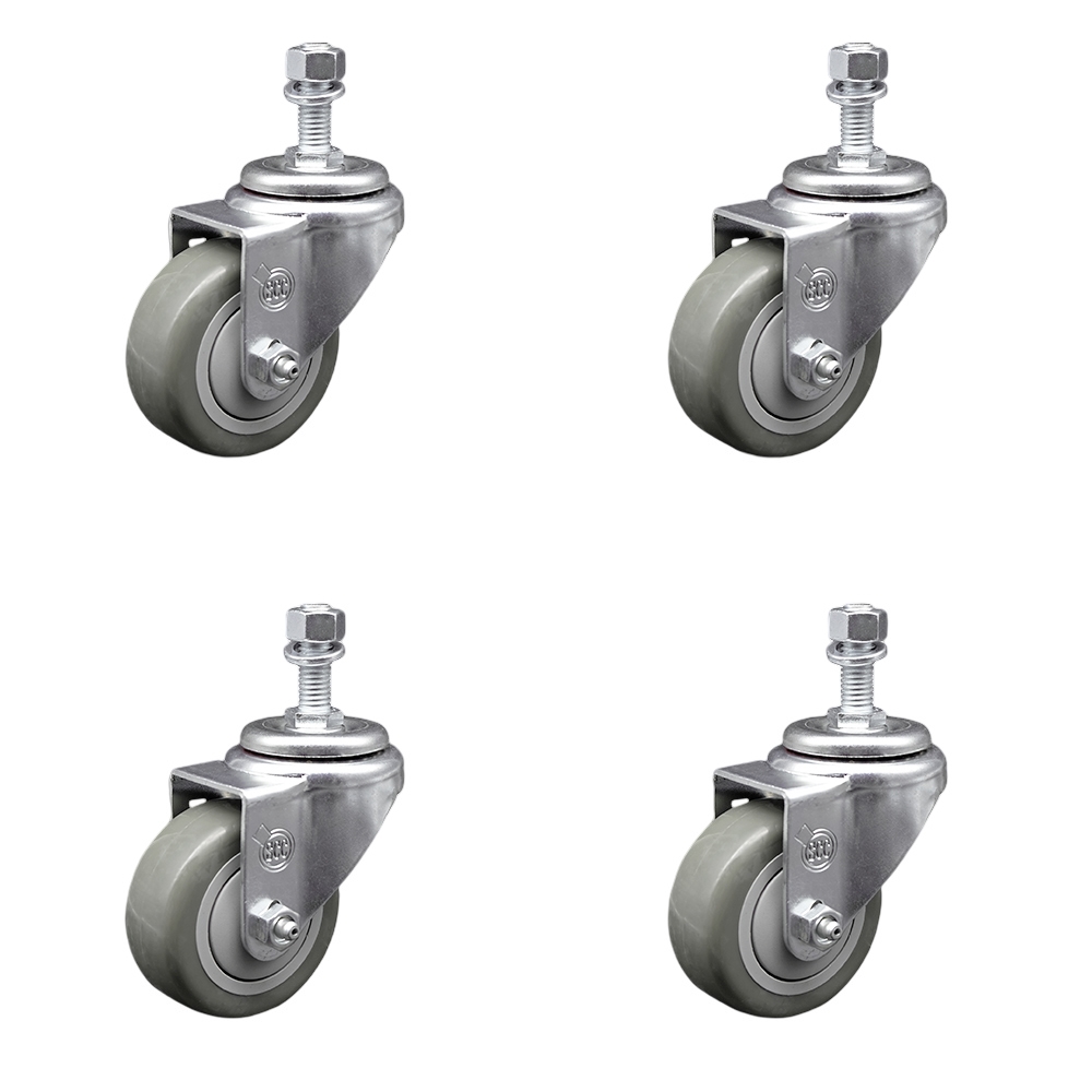 Stainless Steel Polyurethane Swivel Threaded Stem Caster Set of 4 w/3" x 1.25" Gray Wheels and 12mm Stems - Includes 4 Swivel - 1200 lbs Total Capacity - Service Caster Brand — photo 1