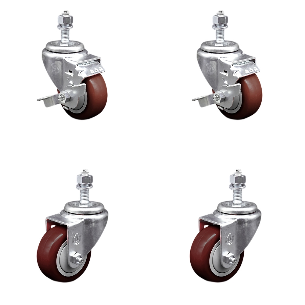 Stainless Steel Polyurethane Swivel Threaded Stem Caster Set of 4 w/3" x 1.25" Maroon Wheels and 1/2" Stems - Includes 2 with Top Locking Brake - 1200 lbs Total Capacity - Service Caster Brand — photo 1