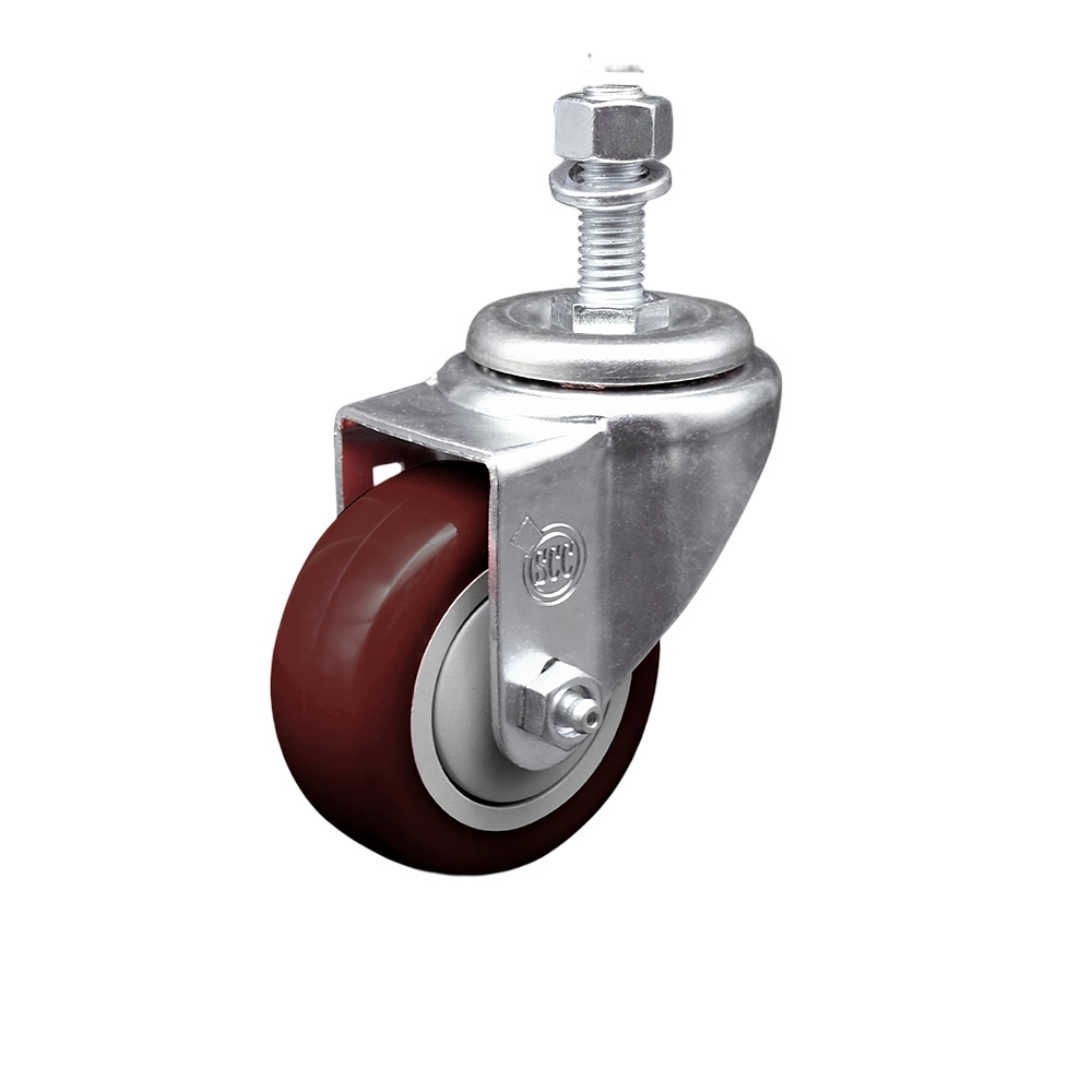 Stainless Steel Polyurethane Swivel Threaded Stem Caster w/3" x 1.25"  Maroon Wheel and 12mm Stem - 300 lbs Capacity/Caster - Service Caster Brand — photo 1